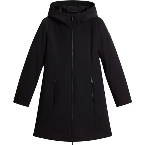 Schwarzer Softshell Daunenmantel mit Kapuze , Damen, Größe: XL - Woolrich - Modalova