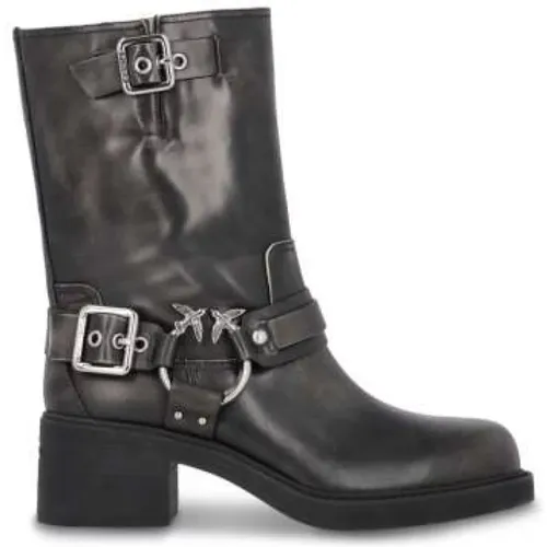 Leather Biker Boots with Metal Buckles , female, Sizes: 7 UK, 6 UK, 4 UK, 5 UK, 8 UK, 3 UK - pinko - Modalova