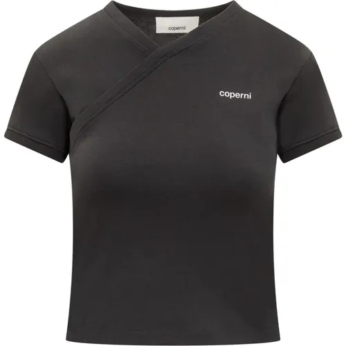 Kurzes V-Ausschnitt T-Shirt mit Logo,Schwarzes T-Shirt mit V-Ausschnitt und Logo-Print - Coperni - Modalova
