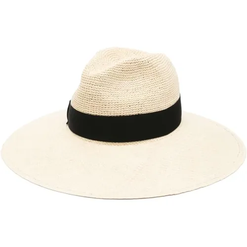 Black Straw Crochet Trim Wide Brim Hat , female, Sizes: M, S - Borsalino - Modalova