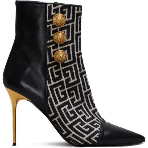 Jacquard monogram and leather Roni ankle boots - Balmain - Modalova