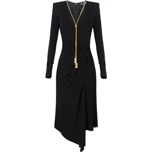 Schwarzes Jersey Midi Kleid mit V-Ausschnitt , Damen, Größe: 2XL - Elisabetta Franchi - Modalova