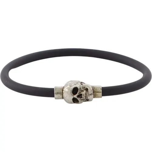 Silver and Black Cord Rubber Skull Bracelet , male, Sizes: S - alexander mcqueen - Modalova
