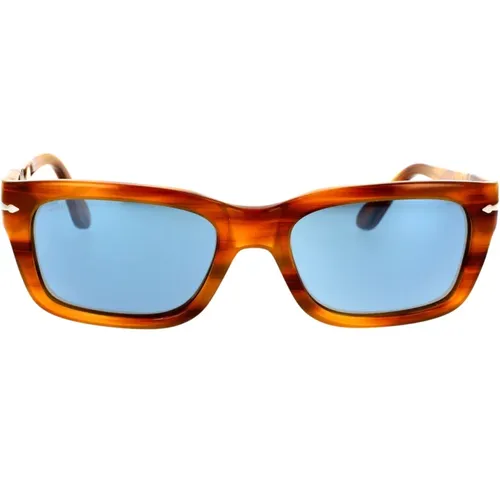 Gewagte rechteckige Sonnenbrille in Braun gestreift mit blauen Gläsern , unisex, Größe: 54 MM - Persol - Modalova