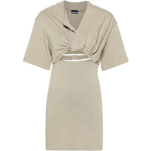 Khaki Cotton V-Neck Dress , female, Sizes: XS - Jacquemus - Modalova