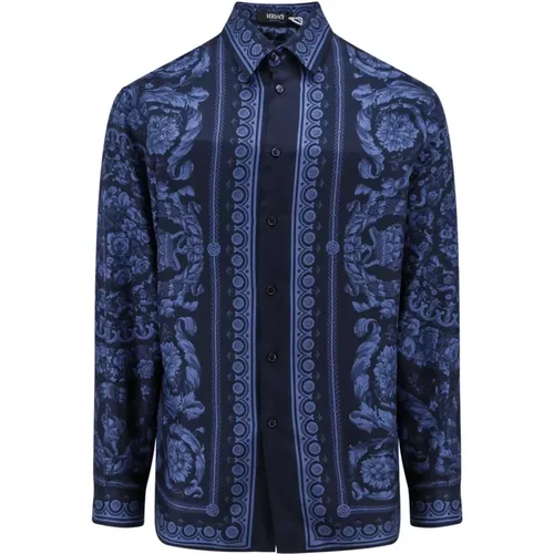 Blue Silk Shirt with Button Closure , male, Sizes: S - Versace - Modalova