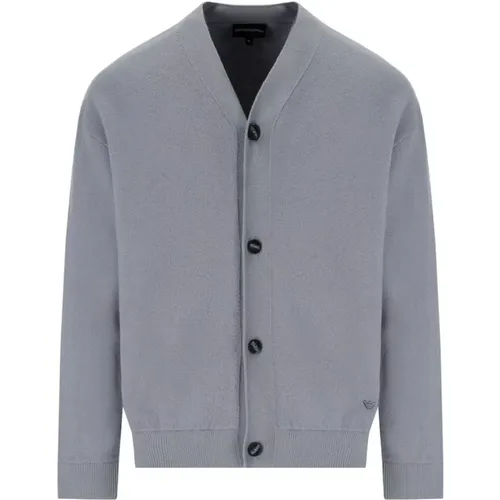 Graue Cardigan aus reiner Wolle mit V-Ausschnitt , Herren, Größe: M - Emporio Armani - Modalova