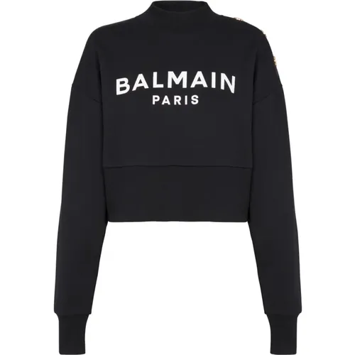 Kurzes Sweatshirt aus Öko-Baumwolle mit aufgedrucktem -ogo,Schwarzer Baumwoll-Logo-Print-Cropped-Sweatshirt - Balmain - Modalova