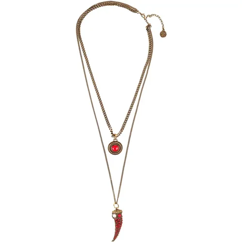 Golden Double Chain Necklace with Tusk Pendant , female, Sizes: ONE SIZE - Roberto Cavalli - Modalova