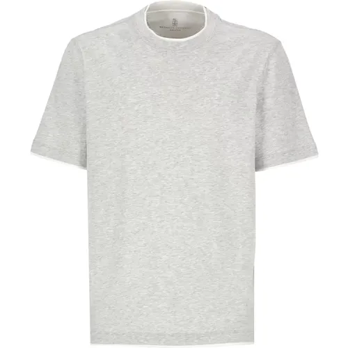 Graues Baumwoll-T-Shirt für Männer,Kontrastdetail Baumwoll-T-Shirt - BRUNELLO CUCINELLI - Modalova