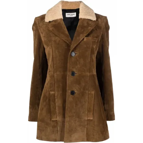 Suede Jacket with Shearling Detail , female, Sizes: XL - Saint Laurent - Modalova