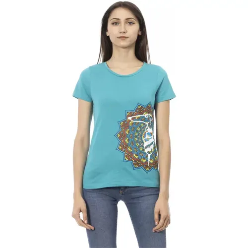 Stylisches Hellblaues Baumwoll-T-Shirt , Damen, Größe: XL - Trussardi - Modalova