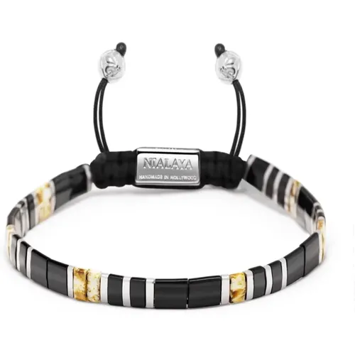 Women's Bracelet with Black, White Marbled and Silver Miyuki Tila Beads - Nialaya - Modalova
