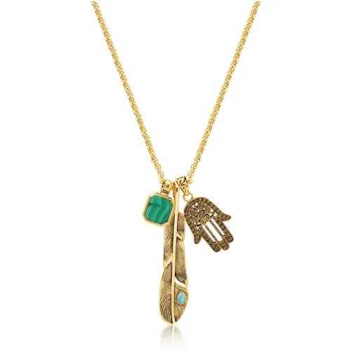 Men`s Golden Talisman Necklace with Large Feather, Malachite Square and Hamsa Hand Pendant - Nialaya - Modalova