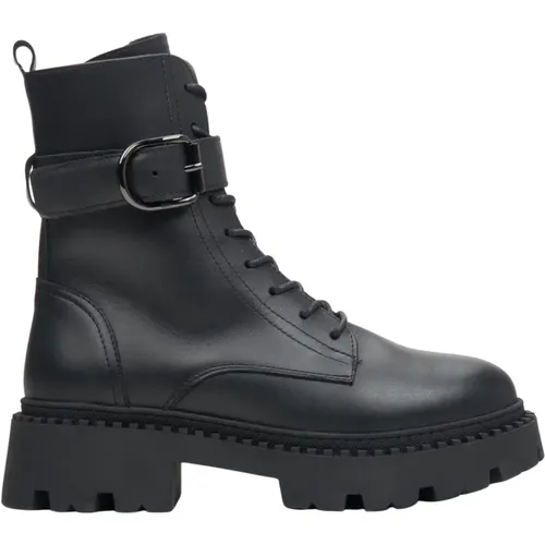 Schwarze Winterstiefel für Damen aus echtem Leder mit einem Riemen - Estro - Modalova