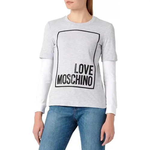 Graues Melange Langarm Baumwoll T-Shirt , Damen, Größe: M - Love Moschino - Modalova