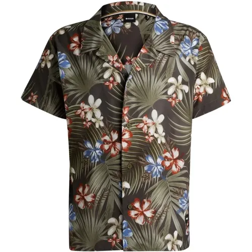 Printed Beach Shirt in Beige , male, Sizes: XL - Hugo Boss - Modalova