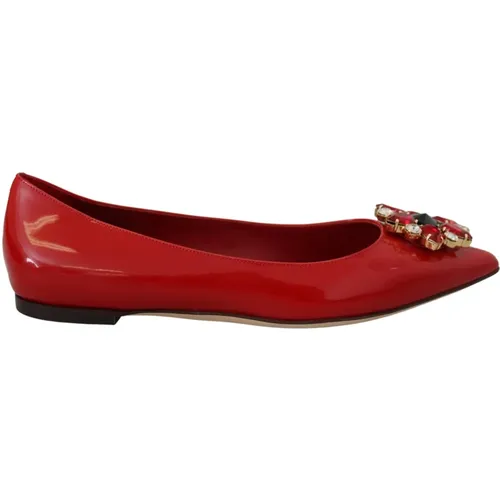 Rote Leder Kristall Loafers Flache Schuhe , Damen, Größe: 35 EU - Dolce & Gabbana - Modalova