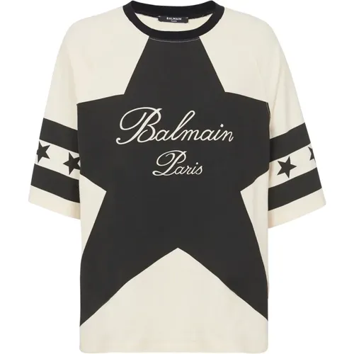 Signature T-shirt mit Sternen , Damen, Größe: XS - Balmain - Modalova