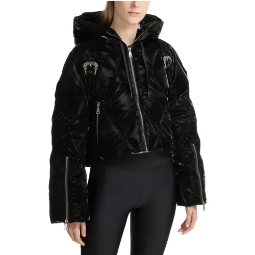 Hooded Drawstring Zip Plain Down Jacket , female, Sizes: S, 2XS, XS - Versace Jeans Couture - Modalova