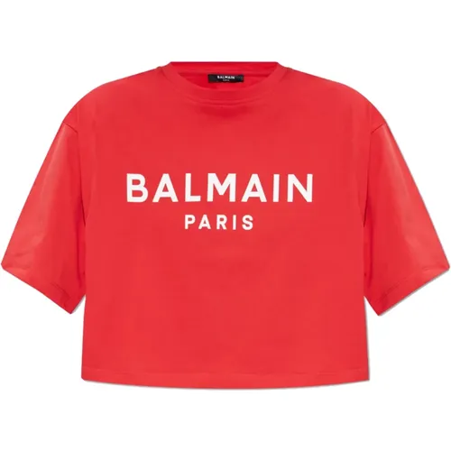 Short T-shirt with printed logo , female, Sizes: M, XS, S - Balmain - Modalova