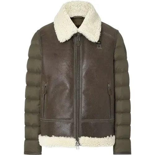 Kaki Leather and Shearling Jacket , male, Sizes: L - Blauer - Modalova