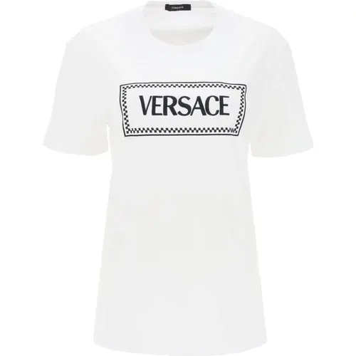 T-Shirt mit Logo-Stickerei , Damen, Größe: XS - Versace - Modalova