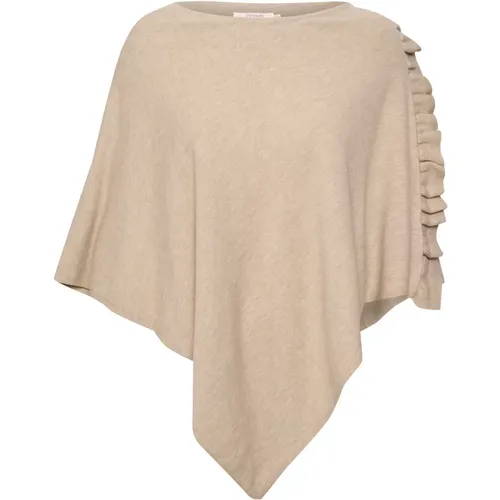 Oversized Poncho with Ruffle Detail , female, Sizes: ONE SIZE - Cream - Modalova