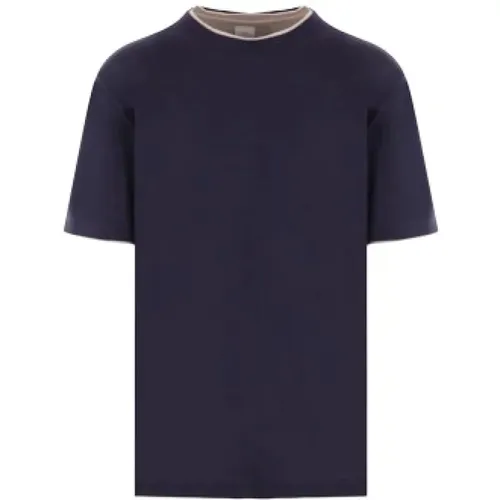 Blaues Baumwoll-T-Shirt mit beigen Doppelschichtkanten - Eleventy - Modalova