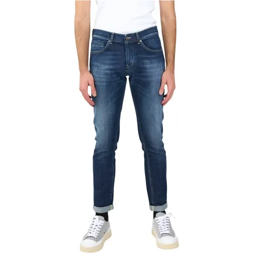 Skinny Fit Used Jeans with Metal Logo , male, Sizes: W34, W33, W31, W40 - Dondup - Modalova