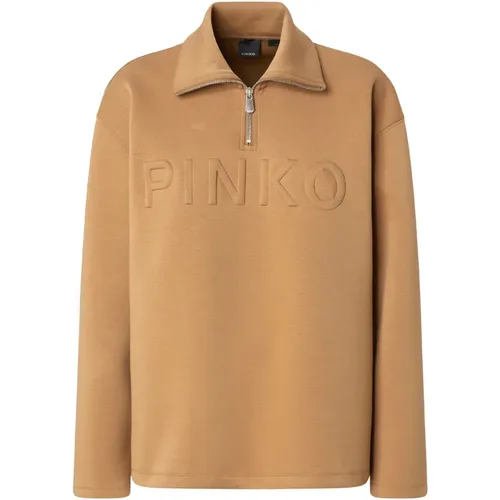 Camel Pullover mit Reißverschluss und Logo , Damen, Größe: S - pinko - Modalova