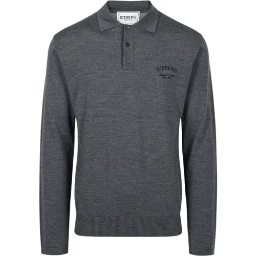 Graues Langarm-Poloshirt aus Merinowolle mit Logo , Herren, Größe: 2XL - Iceberg - Modalova