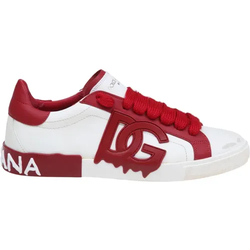 Vintage Niedrige Kalbsleder Sneakers in Weiß und Rot , Herren, Größe: 42 1/2 EU - Dolce & Gabbana - Modalova