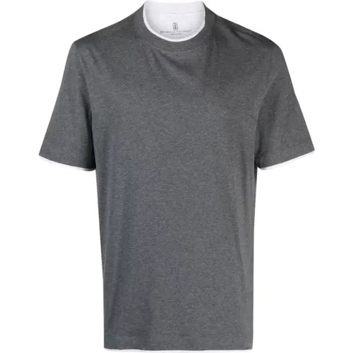 Grey T-shirt with White Trim by , male, Sizes: S - BRUNELLO CUCINELLI - Modalova