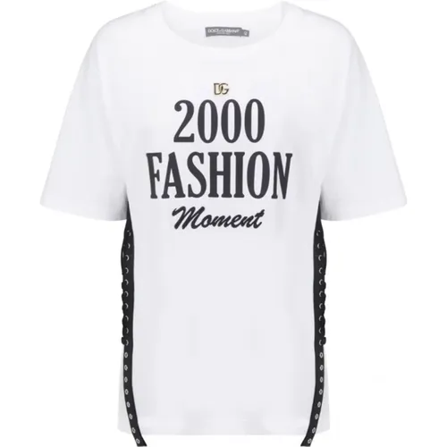 Weiße Spitzen-Detail T-Shirt Ss22 - Dolce & Gabbana - Modalova