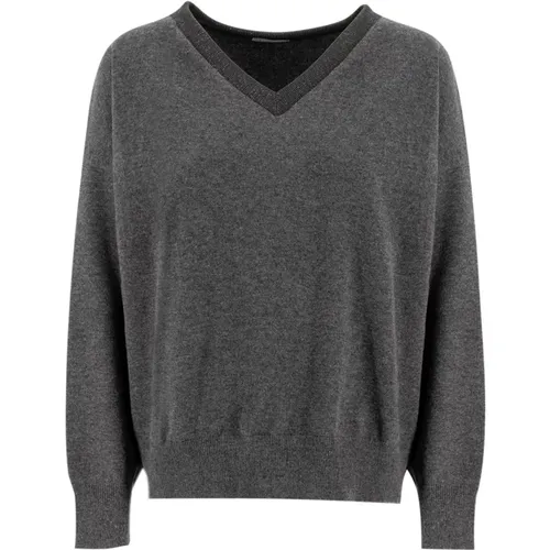 Elegant V-Neck Sweater with Jewel Detail , female, Sizes: M, S - BRUNELLO CUCINELLI - Modalova