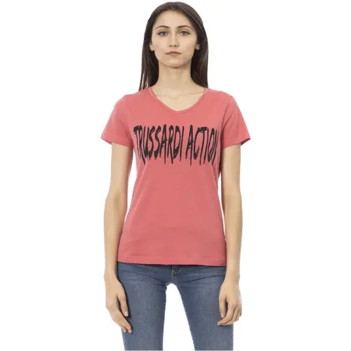 Action V-Neck T-Shirt Front Print , Damen, Größe: L - Trussardi - Modalova