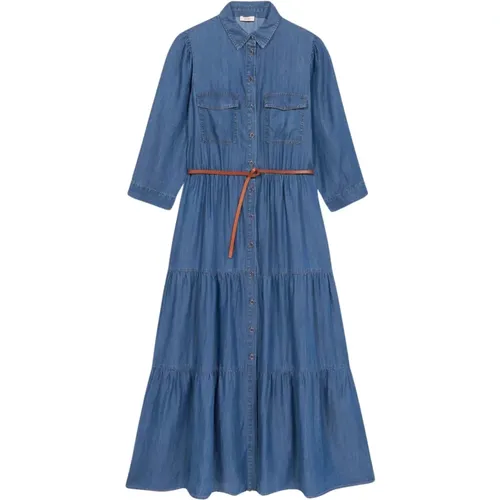 Chambray Hemdblusenkleid mit Rüschen Saum , Damen, Größe: L - Oltre - Modalova