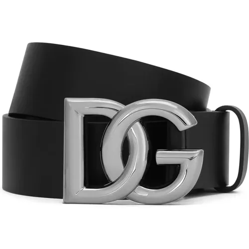 Schwarzer Ledergürtel mit Silberner Logoschnalle , Herren, Größe: 105 CM - Dolce & Gabbana - Modalova