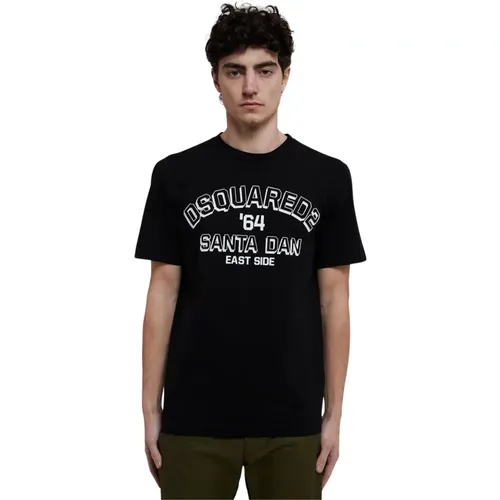 Schwarzes Baumwoll-T-Shirt mit Logo-Print , Herren, Größe: 2XL - Dsquared2 - Modalova