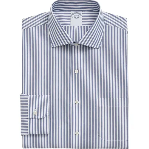 Blau Gestreiftes Regular Fit Bügelfreies Stretch-Baumwollhemd mit Englischem Kragen , Herren, Größe: 3XL - Brooks Brothers - Modalova
