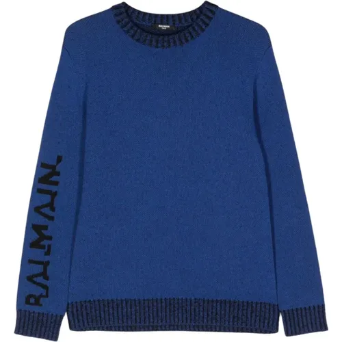 Blauer Pullover Rundhalsausschnitt Langarm - Balmain - Modalova