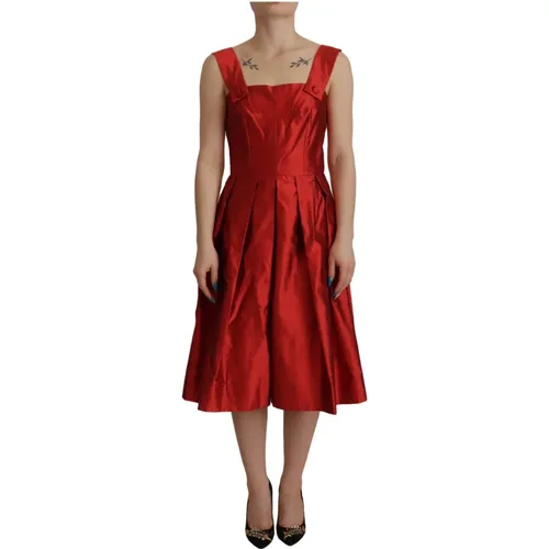 Rotes Seiden A-Linie Plissiertes Midi Kleid - Dolce & Gabbana - Modalova