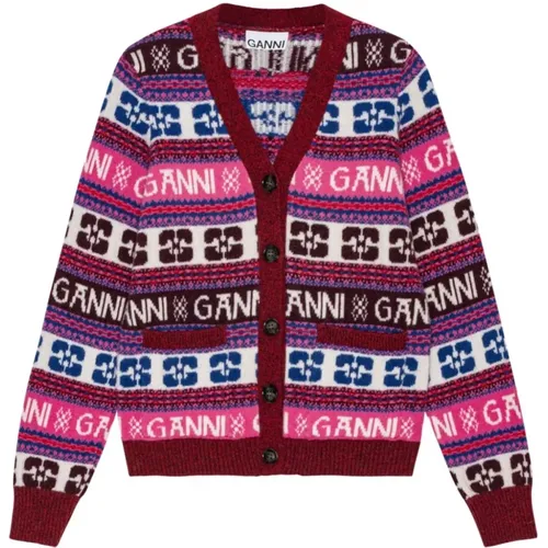 Multicolour Sweater with Logo Pattern and V-Neck , female, Sizes: S, XS, L, M - Ganni - Modalova