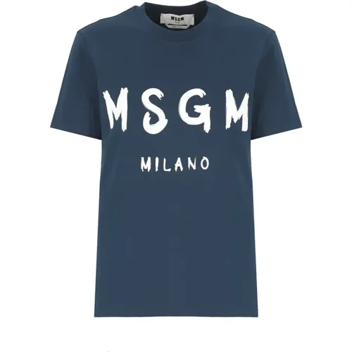 Blaues Baumwoll-T-Shirt mit Logo - MSGM - Modalova