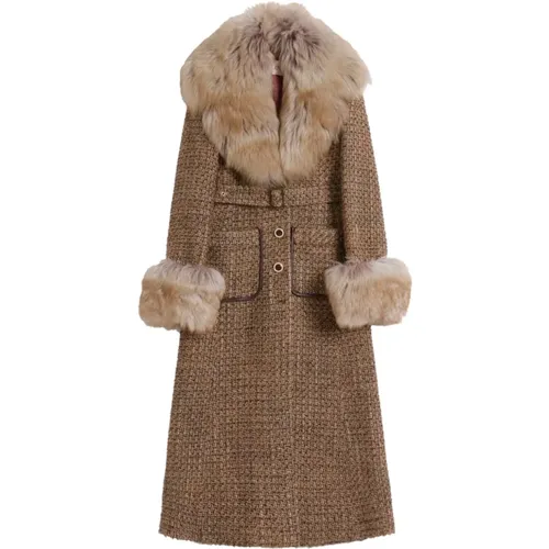 Fur Trim Belted Single-Breasted Coat , female, Sizes: S - Valentino Garavani - Modalova