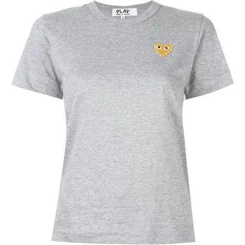 Graues Baumwoll Damen T-Shirt mit Goldener Herzstickerei , Damen, Größe: S - Comme des Garçons Play - Modalova