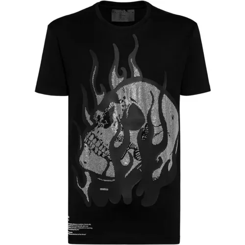 Schwarzes T-Shirt mit brennendem Schädel und Strerzierung , Herren, Größe: M - Philipp Plein - Modalova