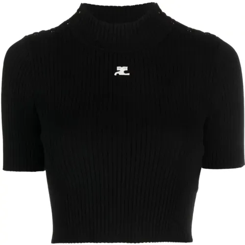 Schwarzer Logo-Patch Crop Pullover , Damen, Größe: L - Courrèges - Modalova
