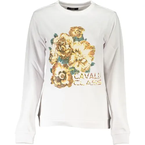 Weißer Baumwollpullover mit Print-Logo , Damen, Größe: L - Cavalli Class - Modalova